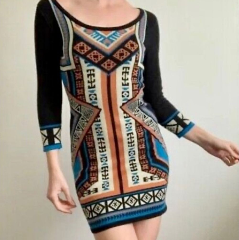 Flying Tomato Aztec Tribal Bodycon Sweater Dress Black Blue Tan - Size M